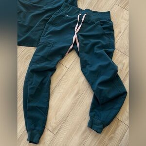 Figs Zamora Teal Jogger Scrub Pants with Pink Drawstring